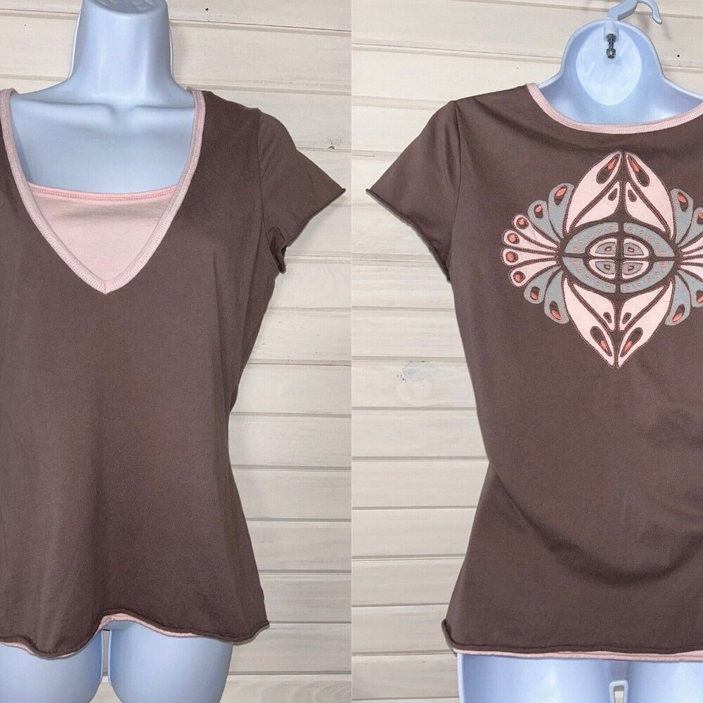 Athleta Sz MEDIUM Pink Light Brown Layered Tee S/S 100% Cotton Cutouts EUC